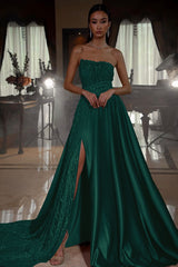 Pink A Line Prom Dress Sleeveless Strapless Satin Formal Dress With Sequins