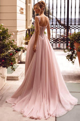 Pink A Line Prom Dress Sleeveless Straps Formal Dress With Beadings