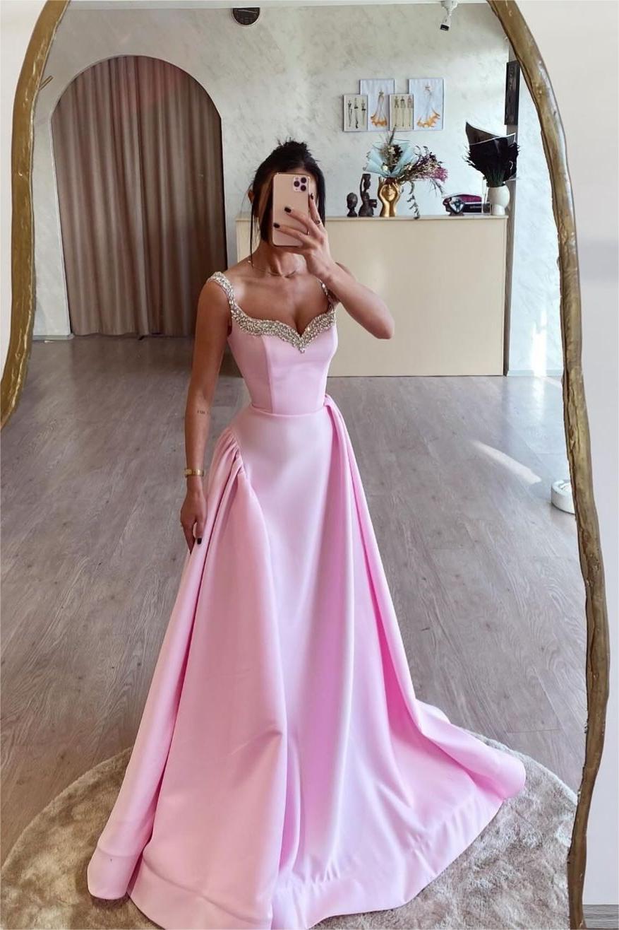Pink A Line Prom Dress Sleeveless Straps Formal Dress With Beadings and Rhinestones
