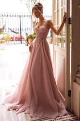 Pink A Line Prom Dress Sleeveless Straps Formal Dress With Beadings