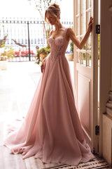 Pink A Line Prom Dress Sleeveless Straps Formal Dress With Beadings