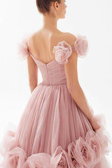Pink Ball Gown Prom Dress Cap Sleeve Off the Shoulder Formal Dress With 3D Flowers