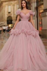 Pink Ball Gown Prom Dress Cap Sleeve Off the Shoulder Formal Dress With 3D Flowers