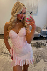 Pink Beaded Homecoming Dresses Corset Ruffled Short Tight Cocktail Dresses