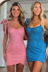 Pink Beaded Tight Homecoming Dresses Short Cocktail Dresses With Bow
