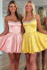 Pink Corset Homecoming Dresses Strapless Short Cocktail Dresses With Rhinestone