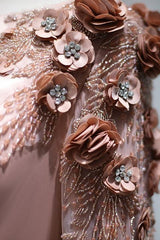 Pink Detachable Train Prom Dress Long Sleeve Bateau Neck Formal Dress With 3D Flowers