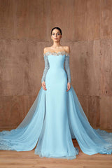 Pink Detachable Train Prom Dress Long Sleeve Off the Shoulder Formal Dress With Sequins