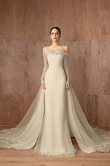 Pink Detachable Train Prom Dress Long Sleeve Off the Shoulder Formal Dress With Sequins