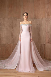 Pink Detachable Train Prom Dress Long Sleeve Off the Shoulder Formal Dress With Sequins