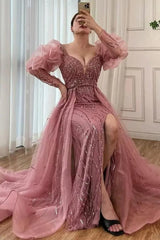 Pink Detachable Train Prom Dress Long Sleeve V Neck Formal Dress With Beadings and Rhinestones