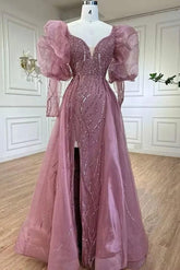 Pink Detachable Train Prom Dress Long Sleeve V Neck Formal Dress With Beadings and Rhinestones