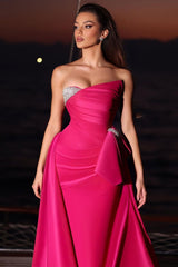 Pink Detachable Train Prom Dress Sleeveless Strapless Formal Dress With Beadings and Rhinestones