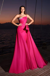 Pink Detachable Train Prom Dress Sleeveless Strapless Formal Dress With Beadings and Rhinestones