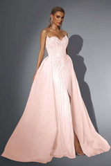 Pink Detachable Train Prom Dress Sleeveless Sweetheart Formal Dress With Beadings and Rhinestones