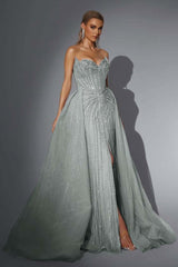 Pink Detachable Train Prom Dress Sleeveless Sweetheart Formal Dress With Beadings and Rhinestones