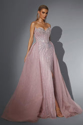 Pink Detachable Train Prom Dress Sleeveless Sweetheart Formal Dress With Beadings and Rhinestones