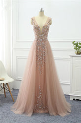 Pink Detachable Train Prom Dress Sleeveless V Neck Formal Dress With Beadings and Rhinestones