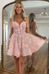 Pink Floral A Line Homecoming Dresses Short Corset Cocktail Dresses With Rhinestones