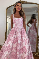 Pink Floral Corset Ball Gown Prom Dress With Pearl Beaded Straps Formal Evening Gown