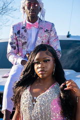 Pink Floral Jacquard Shawl Lapel 2-Piece Prom Homecoming Suit Blazer Pants