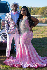 Pink Floral Jacquard Shawl Lapel 2-Piece Prom Homecoming Suit Blazer Pants