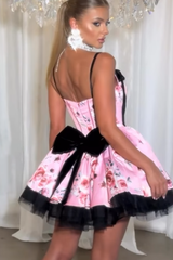 Pink Floral Printed A Line Homecoming Dresses Short Corset Cocktail Dresses With Bow