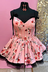 Pink Floral Printed A Line Homecoming Dresses Short Corset Cocktail Dresses With Bow