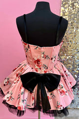 Pink Floral Printed A Line Homecoming Dresses Short Corset Cocktail Dresses With Bow
