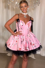 Pink Floral Printed A Line Homecoming Dresses Short Corset Cocktail Dresses With Bow