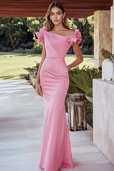 Pink Formal Dress Satin Mermaid Ruched Long Wedding Guest Dress With Ruffled Sleeves