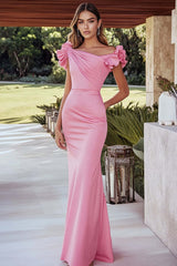 Pink Formal Dress Satin Mermaid Ruched Long Wedding Guest Dress With Ruffled Sleeves