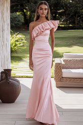 Pink Formal Dress Satin One Shoulder Ruffled Long Mermaid Wedding Guest Dress