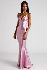Pink Formal Dress Satin Spaghetti Straps Long Mermaid Wedding Guest Dress
