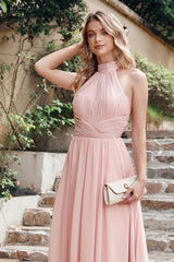 Pink Halter Long Chiffon Bridesmaid Dress