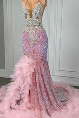 Pink Halter Mermaid Formal Dress Sequined Tulle Ruffled Prom Dress