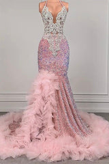 Pink Halter Mermaid Formal Dress Sequined Tulle Ruffled Prom Dress