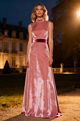 Dressystars Pink High Neck A-Line Long Velvet Holiday Party Dress With Belt
