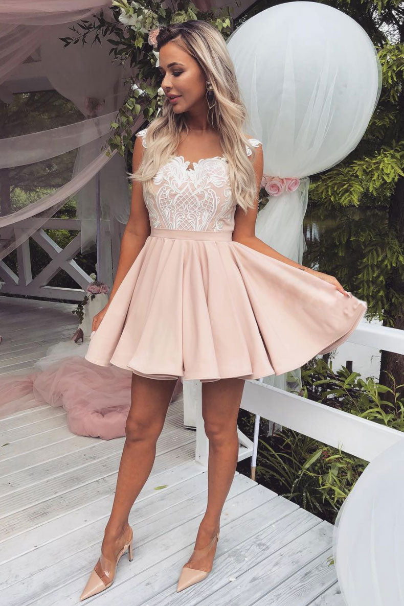 Pink Homecoming Dress Lace Satin Short Party Cocktail Dress