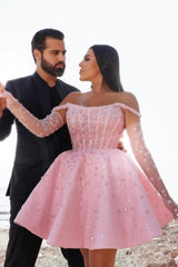 Pink Homecoming Dress Off the Shoulder Ball Gown Beaded Short Cocktail Dress