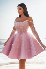 Pink Homecoming Dress Off the Shoulder Ball Gown Beaded Short Cocktail Dress