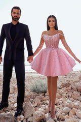 Pink Homecoming Dress Off the Shoulder Ball Gown Beaded Short Cocktail Dress