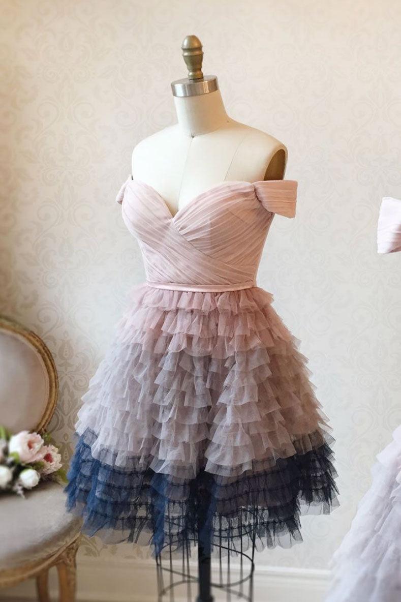 Pink Homecoming Dress Off the Shoulder Tulle Short Prom Dress