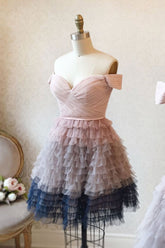 Pink Homecoming Dress Off the Shoulder Tulle Short Prom Dress