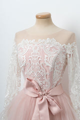 Pink Homecoming Dress Round Neck Tulle Lace Short Party Cocktail Dress