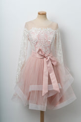 Pink Homecoming Dress Round Neck Tulle Lace Short Party Cocktail Dress