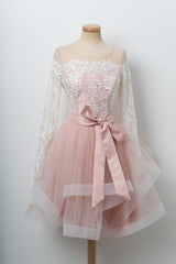 Pink Homecoming Dress Round Neck Tulle Lace Short Party Cocktail Dress