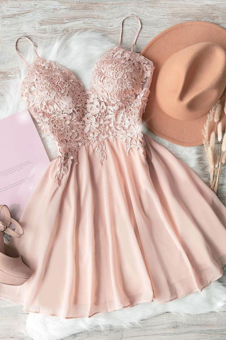Pink Homecoming Dress Sweetheart Neck Chiffon Lace Short Party Cocktail Dress