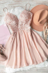 Pink Homecoming Dress Sweetheart Neck Chiffon Lace Short Party Cocktail Dress