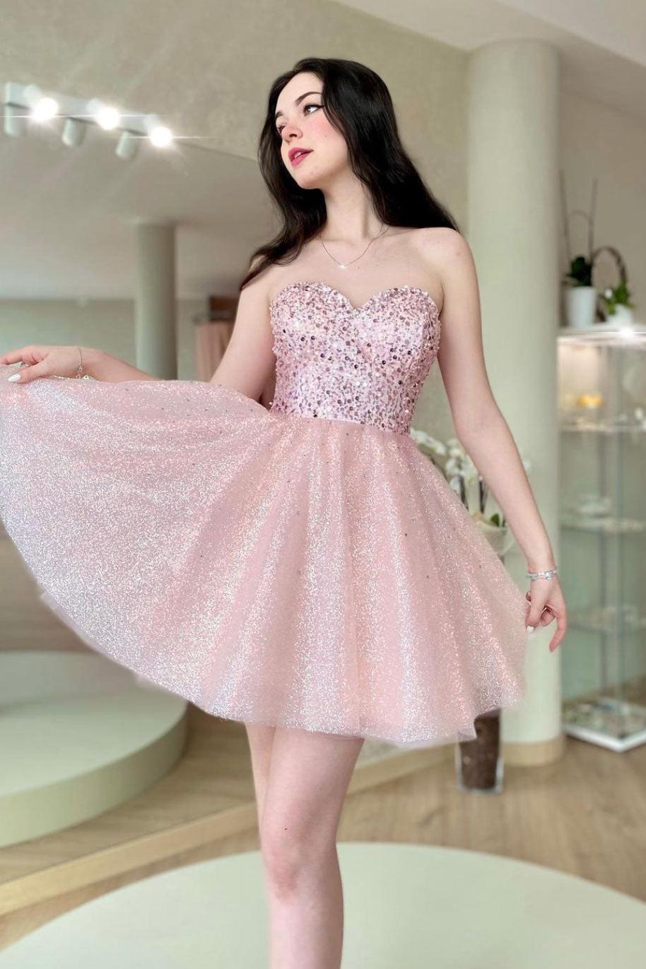 Pink Homecoming Dress Sweetheart Neck Tulle Sequin Short Party Cocktail Dress